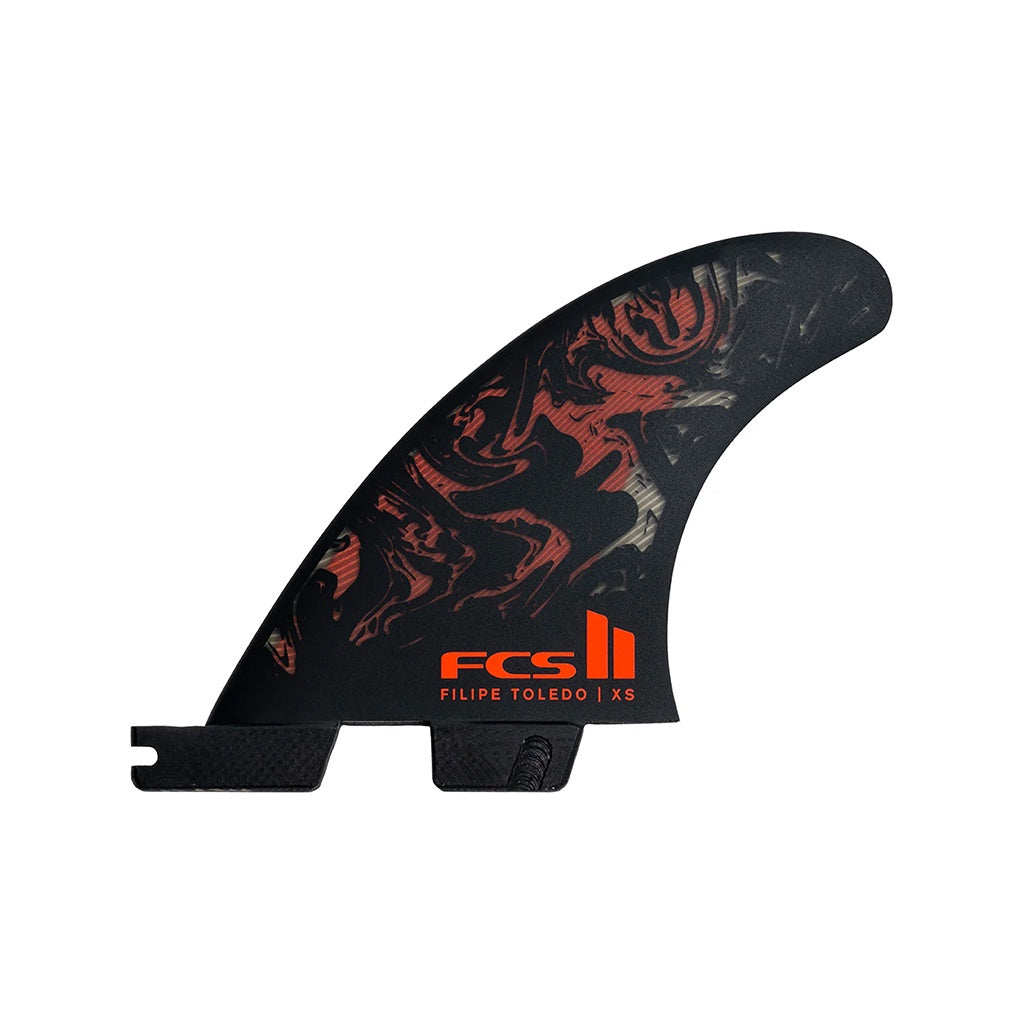 FCS2 x Filipe Toledo | FT Accelerator PC AirCore Grom / X- Small Tri Fin Set. Black/Red
