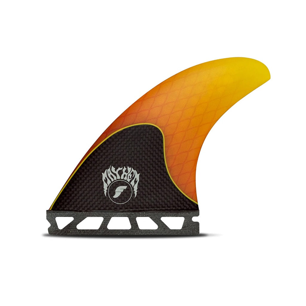 Futures x Mayhem | Rake 3.0 Honeycomb / Carbon Small Tri Fin Set. Orange / Carbon