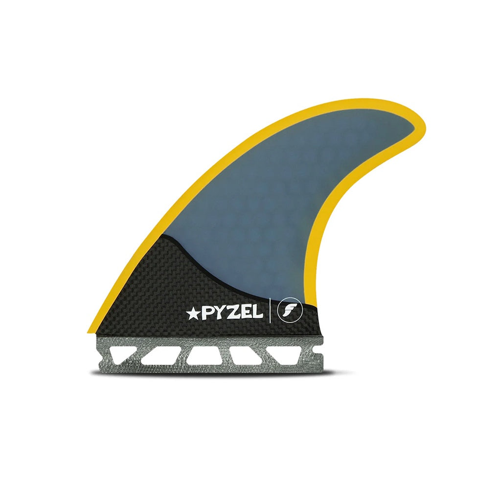 Futures x Pyzel Surfboards | Pyzel HC / Carbon Large Tri Fin Set. Blue / Yellow