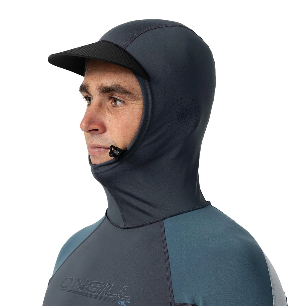O'Neill | Premium Skins O'Zone UPF50+ Long Sleeve Hooded Rash Vest Surf Top. Graphite/Blue/Grey