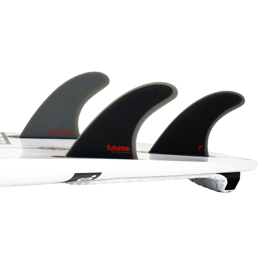 Futures x Eric Arakawa | EA Control Series Fibreglass Large Tri Fin Set. Black/Grey