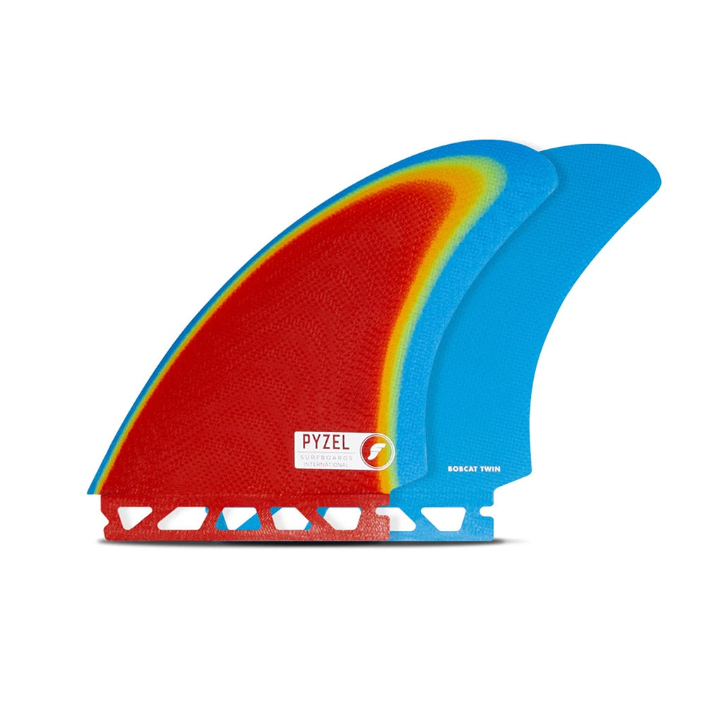 Futures x Pyzel Surfboards | Pyzel Bobcat Fibreglass Twin Fin Set. Rainbow