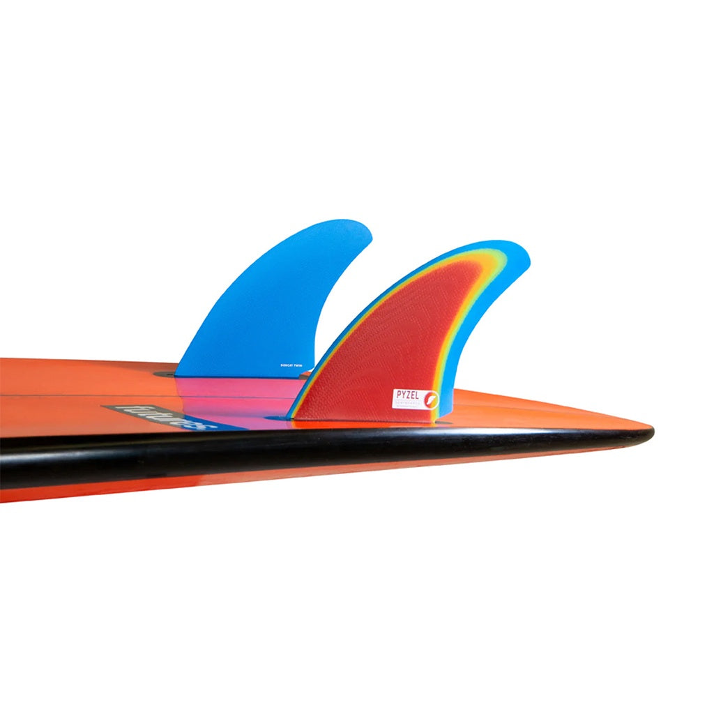 Futures x Pyzel Surfboards | Pyzel Bobcat Fibreglass Twin Fin Set. Rainbow