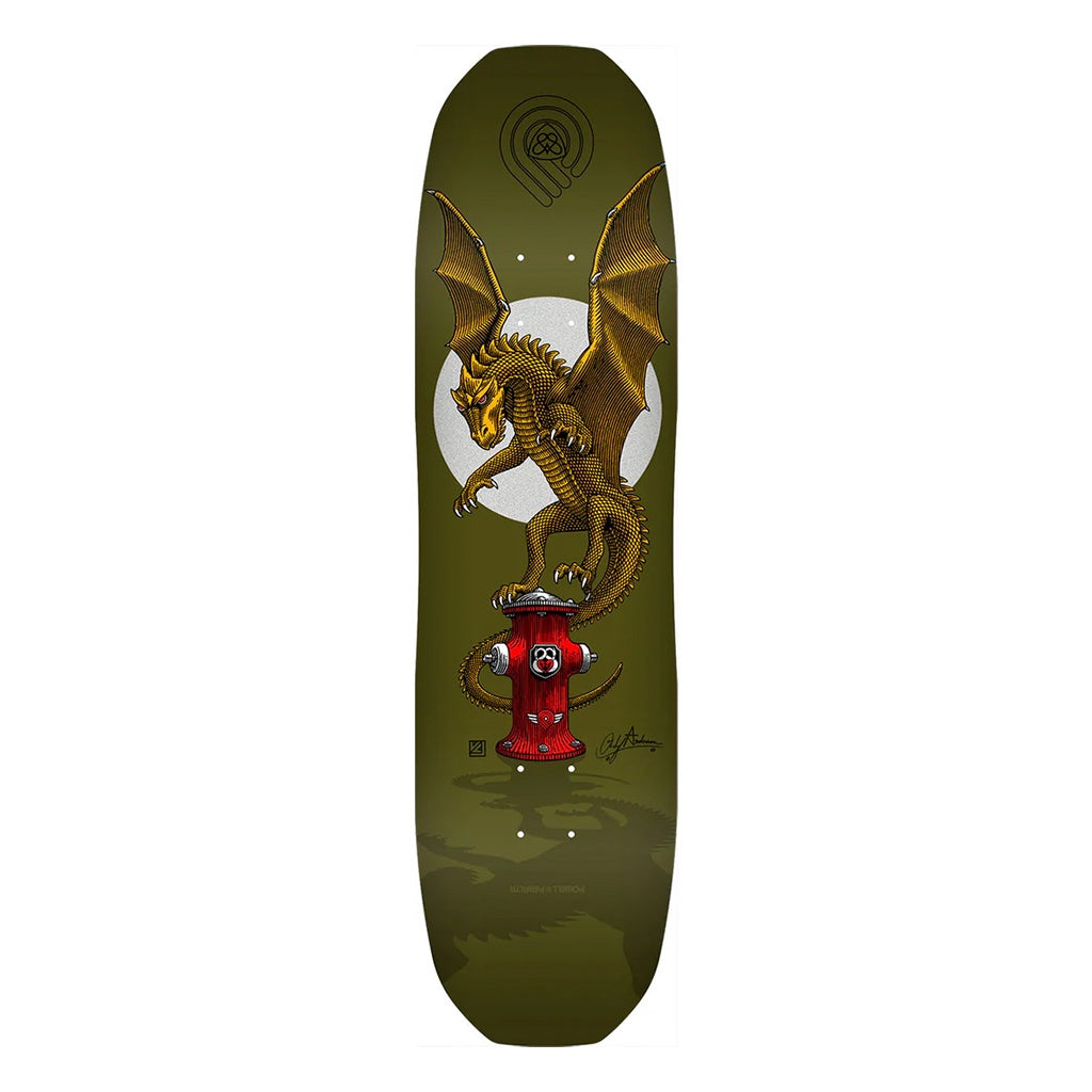 Powell Peralta x Andy Anderson | Hydrant Dragon Vajra Graphic Shaped Skateboard Deck. Green / 8.45" x 32.03"