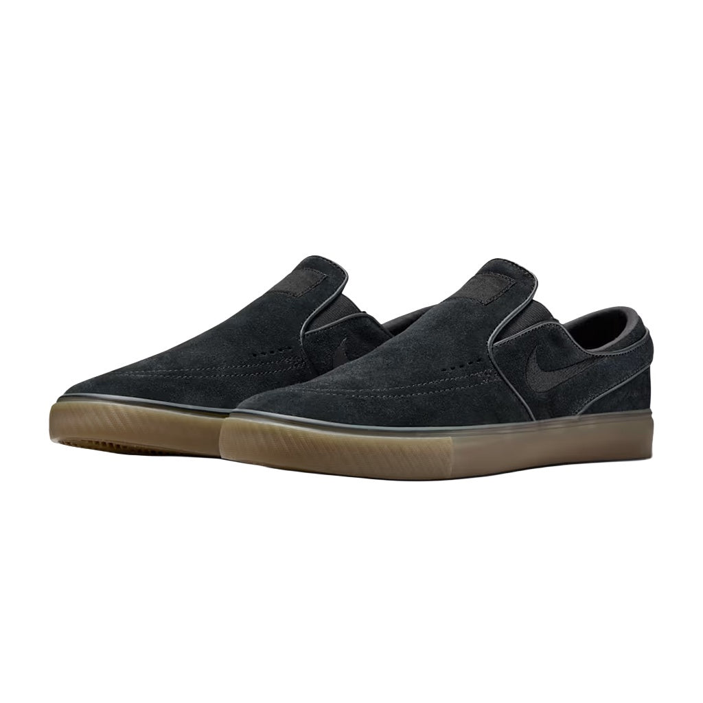 Nike SB x Stefan Janoski | Janoski+ Slip-On Skate Shoes.  Black/Black/Gum Light Brown/Black