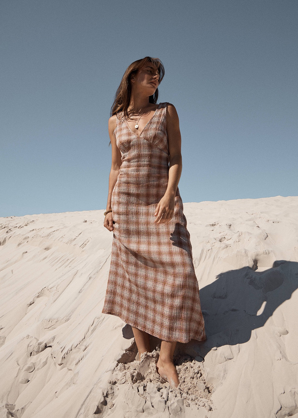 AFENDS | Ladies Tully Seersucker Maxi Dress. Desert Check
