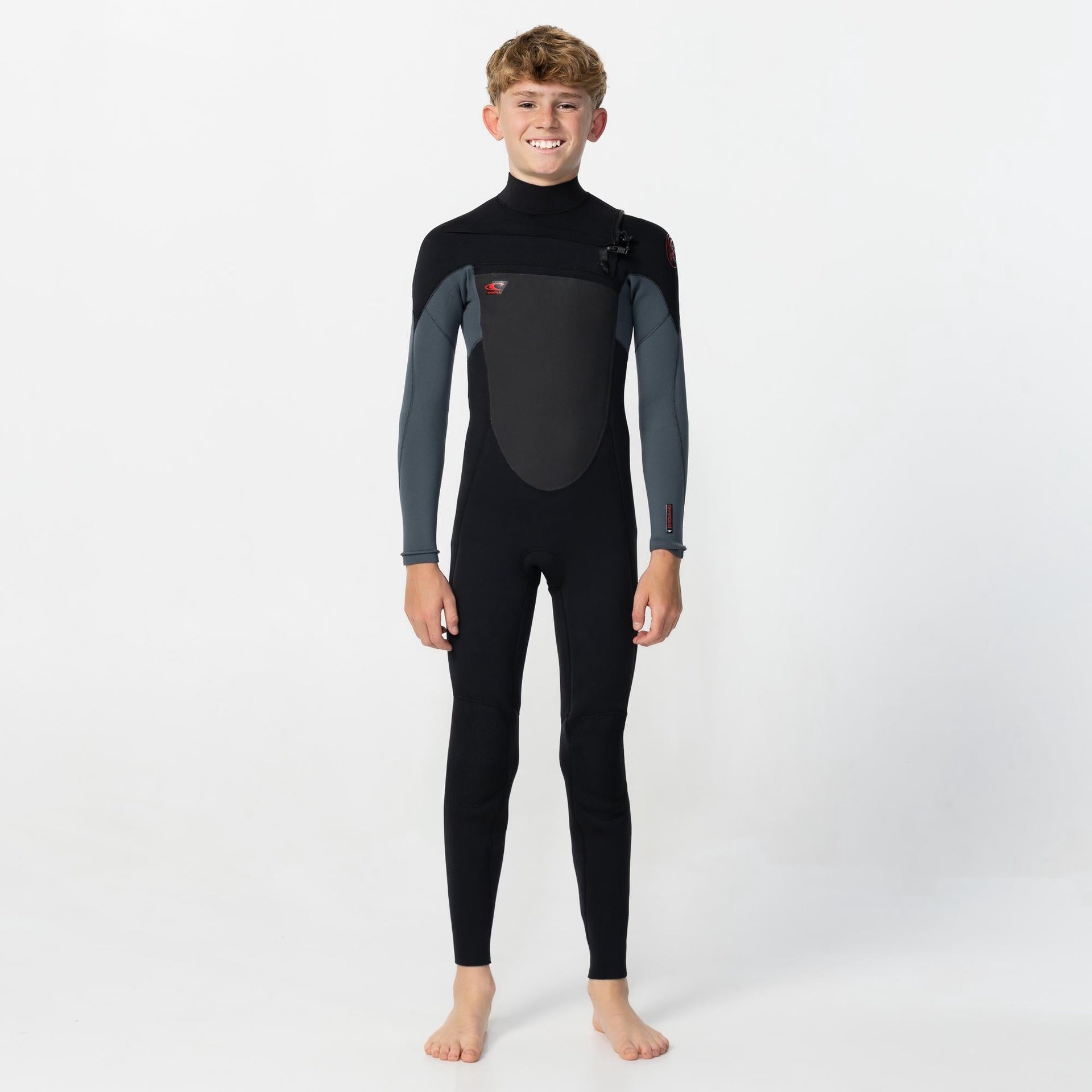 O'Neill | Youth Defender 3/2mm GBS Chest Zip Long Sleeve Steamer Wetsuit. Black / Graphite