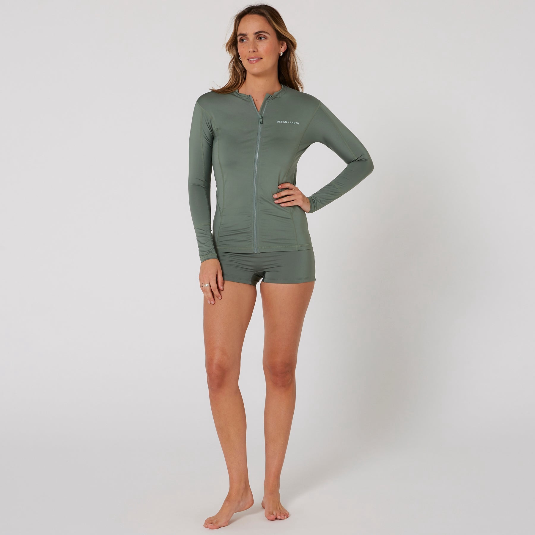 Ocean & Earth | Ladies Oceana 50+ UPF Zip Front Long Sleeve Rashguard. Olive