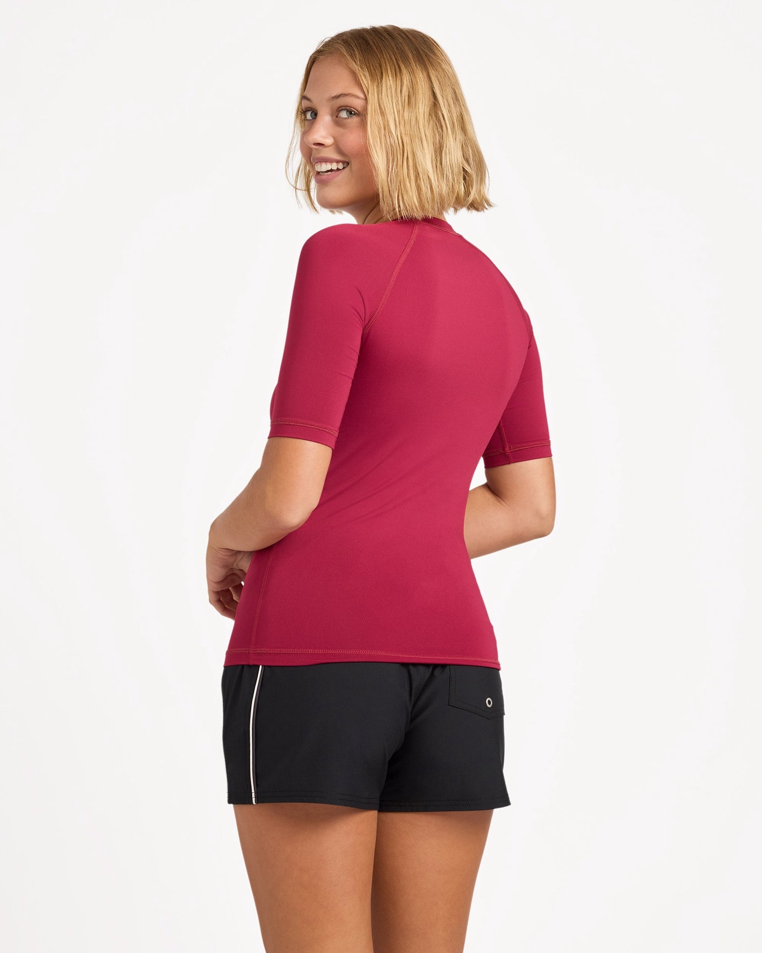 Roxy | Ladies Essentials 50+ UPF Front Zip Short Sleeve Rashguard. Beet Red