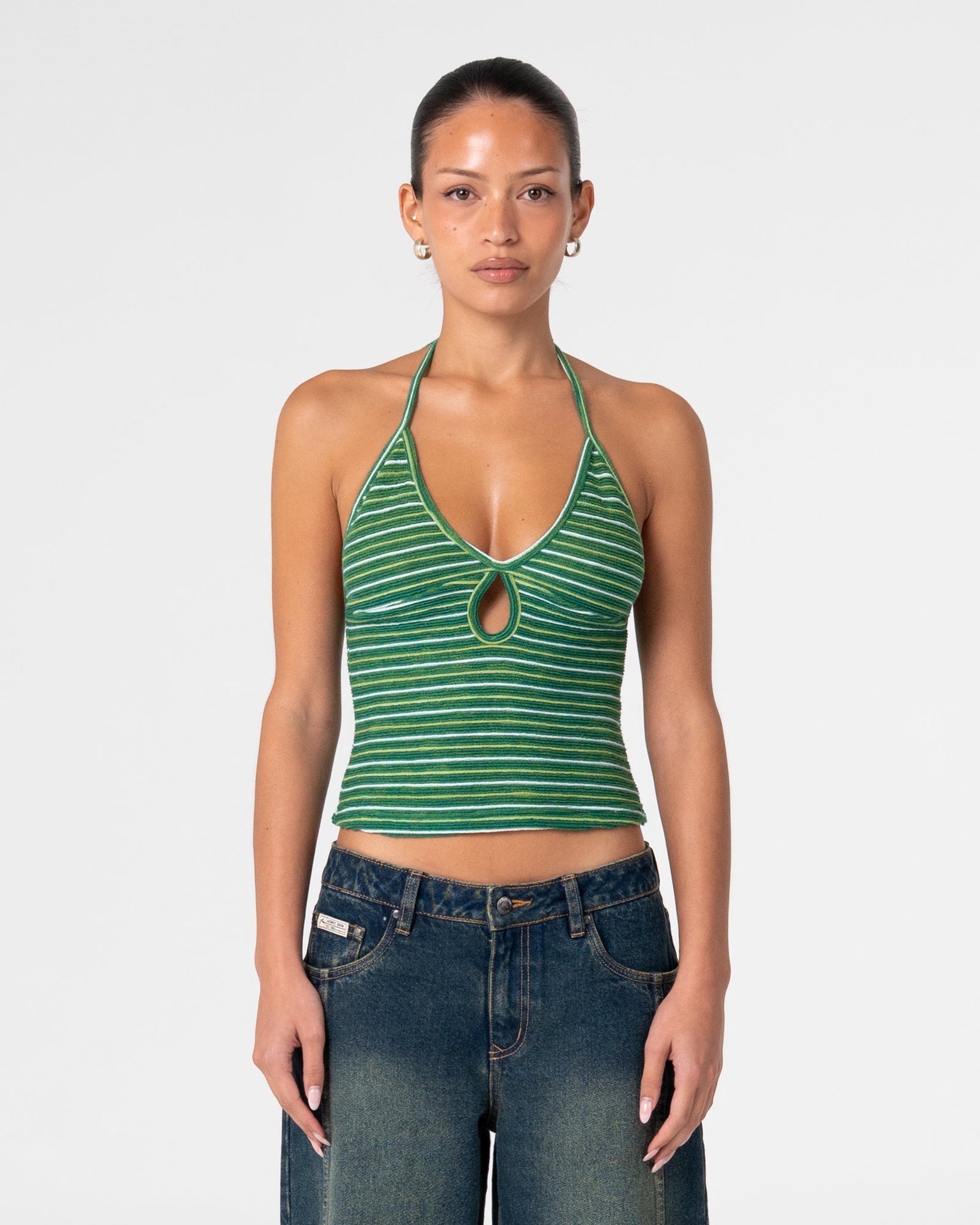 Rusty | Ladies Emma Cut Out Halter Neck Tank Top. Tonal Green Stripe
