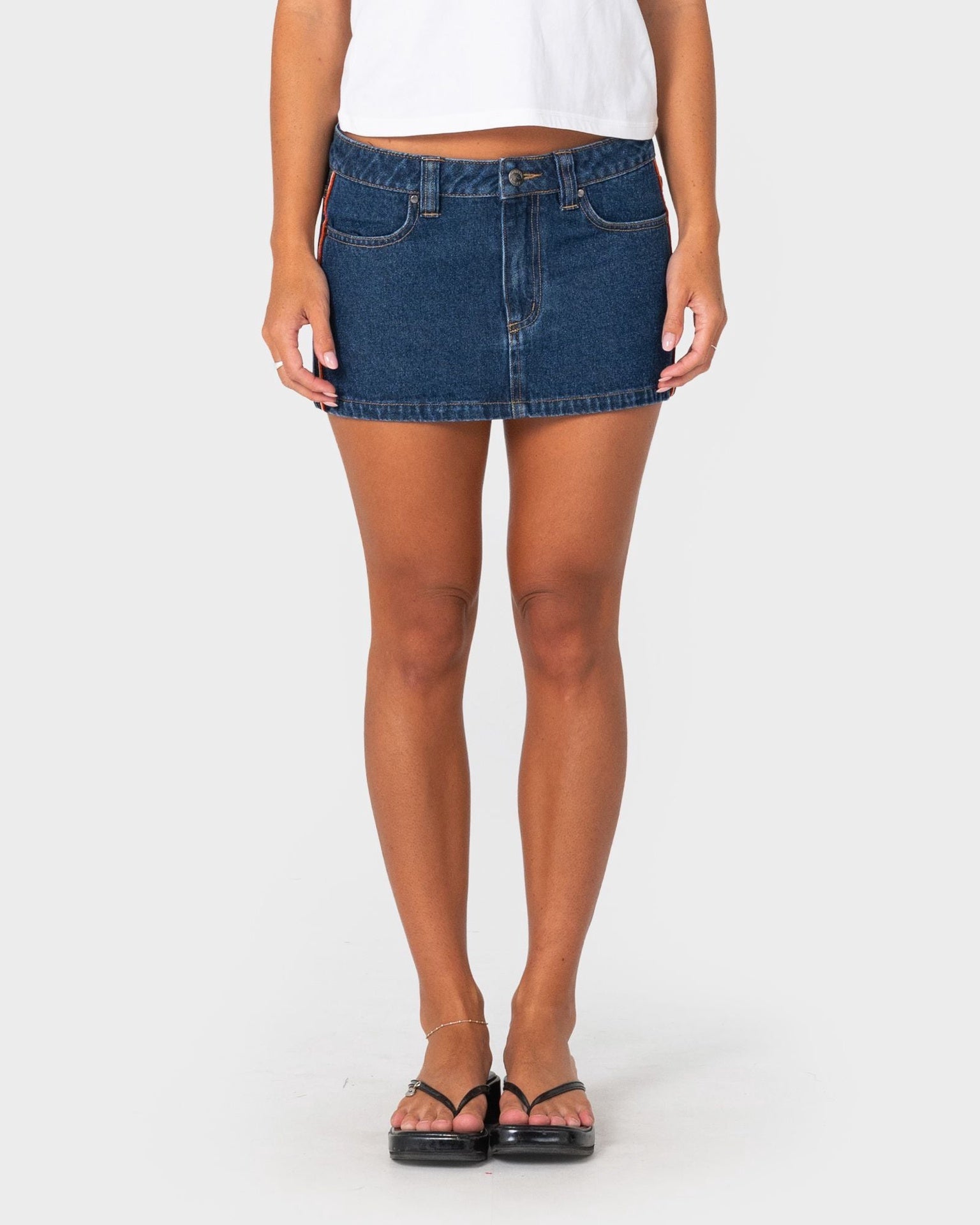 Rusty | Ladies Flip Mommy Low Rise Mini Denim Skirt 2. Deep Sea Orange