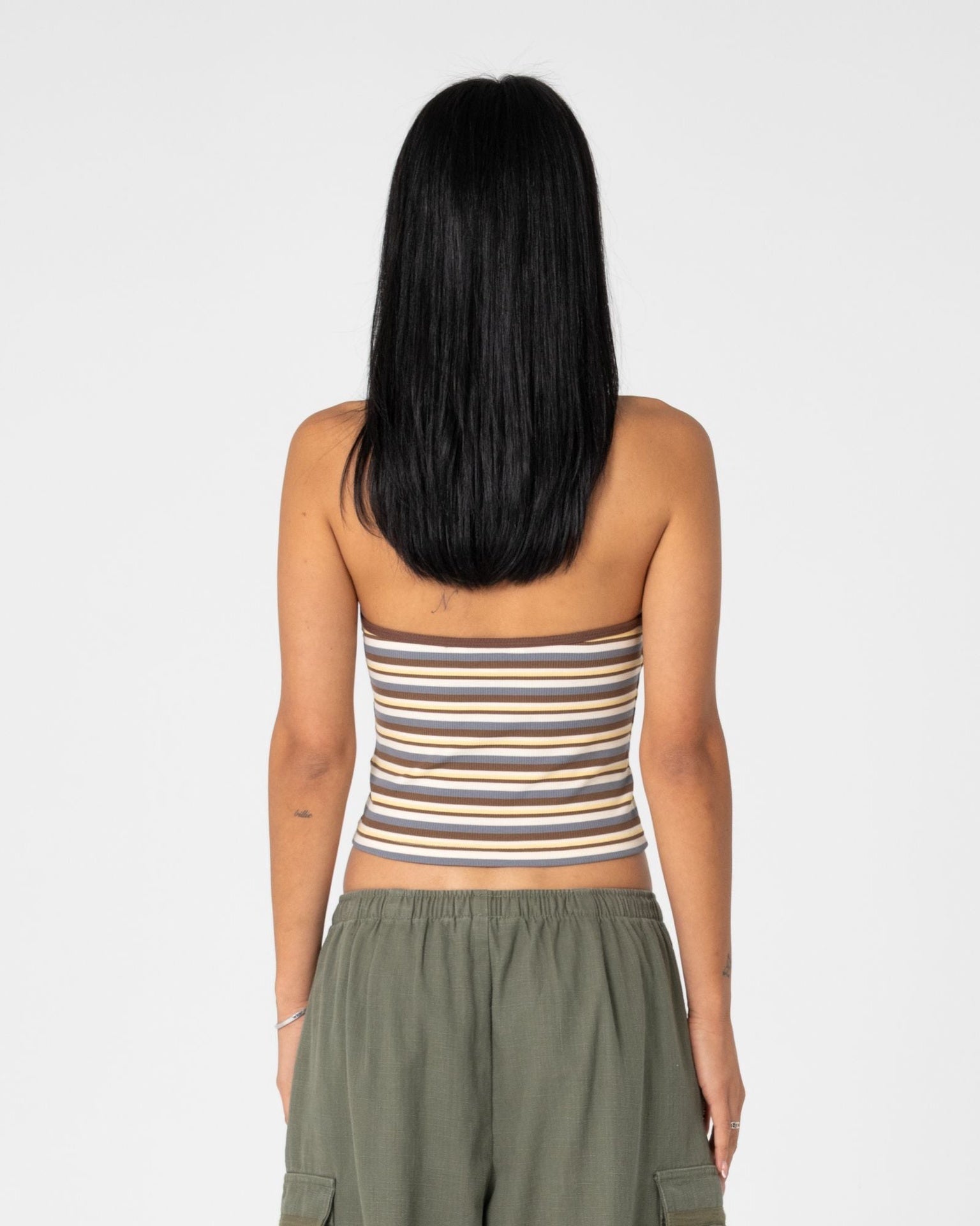 Rusty | Ladies Halley Halter Top. Retro Amber Stripe