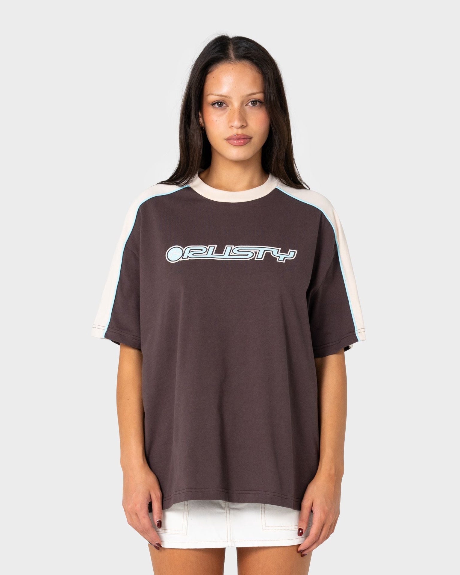 Rusty | Ladies Timmy Target 220 Oversize Short Sleeve T-Shirt. Java | Cream