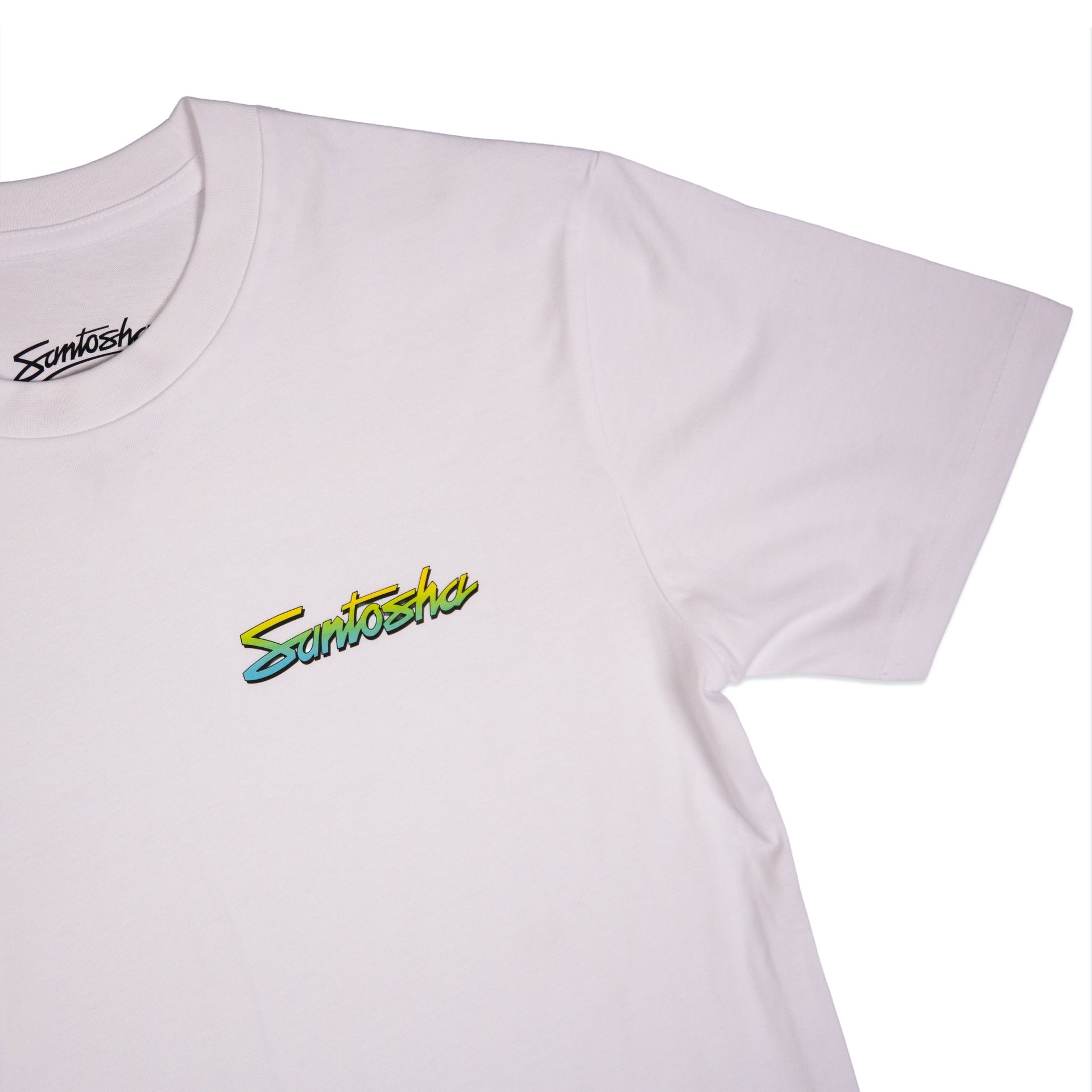 Santosha | Rising Shadow Script Yellow-Blue Fade Classic Short Sleeve Tee. White