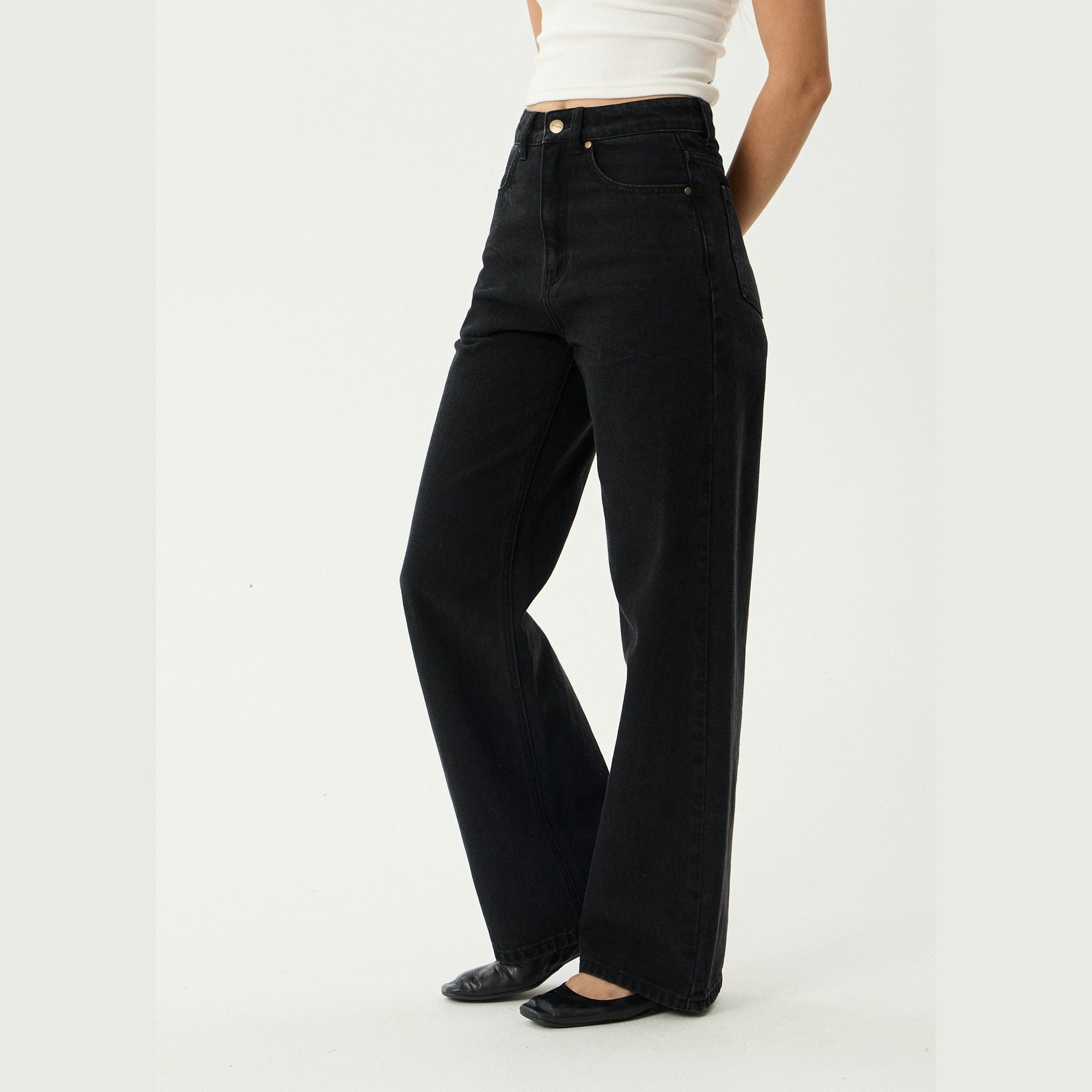 AFENDS | LADIES BELLA HEMP DENIM BAGGY JEANS WIDE LEG. WASHED BLACK