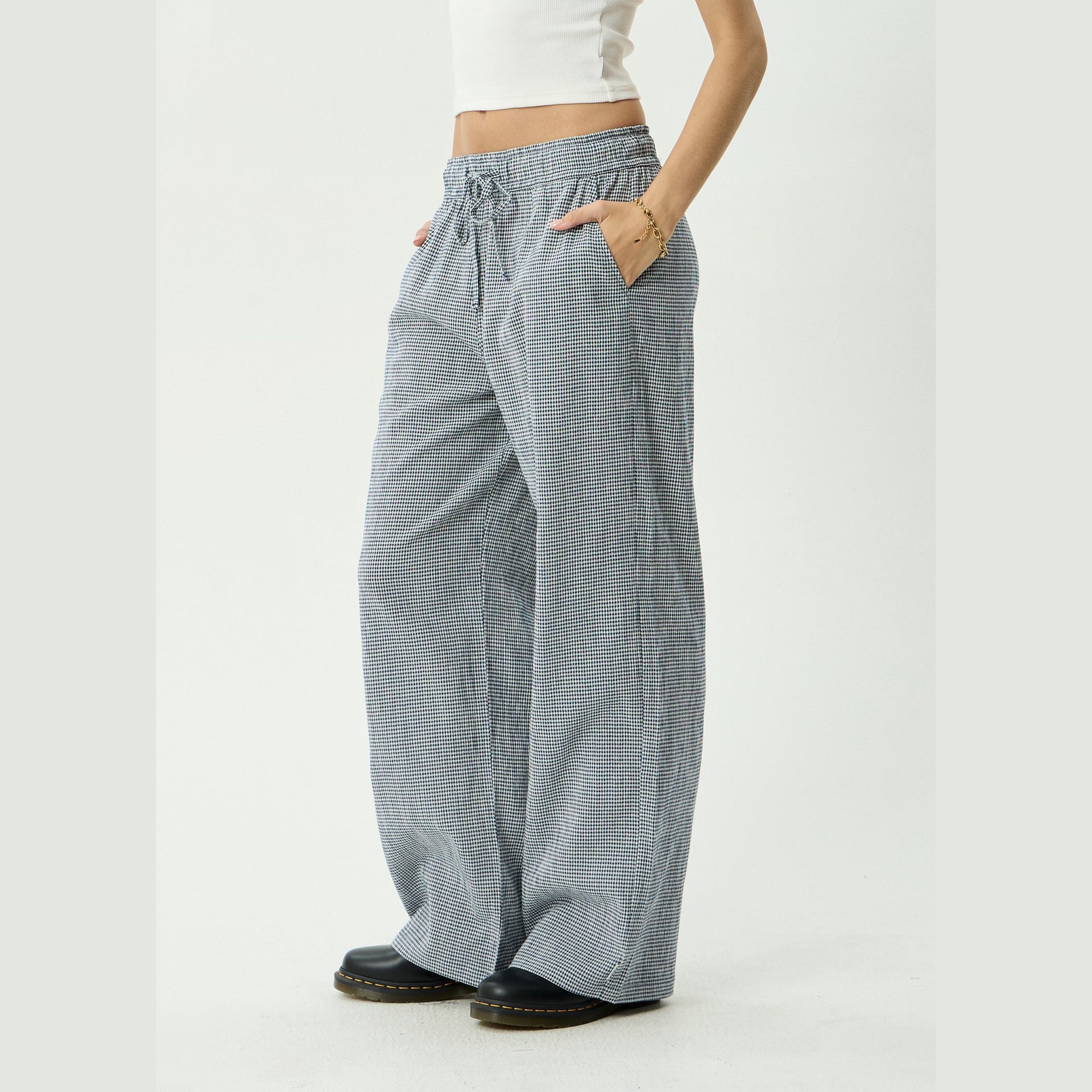 AFENDS | LADIES HARRIET WIDE LEG PANT. INDY NAVY CHECK